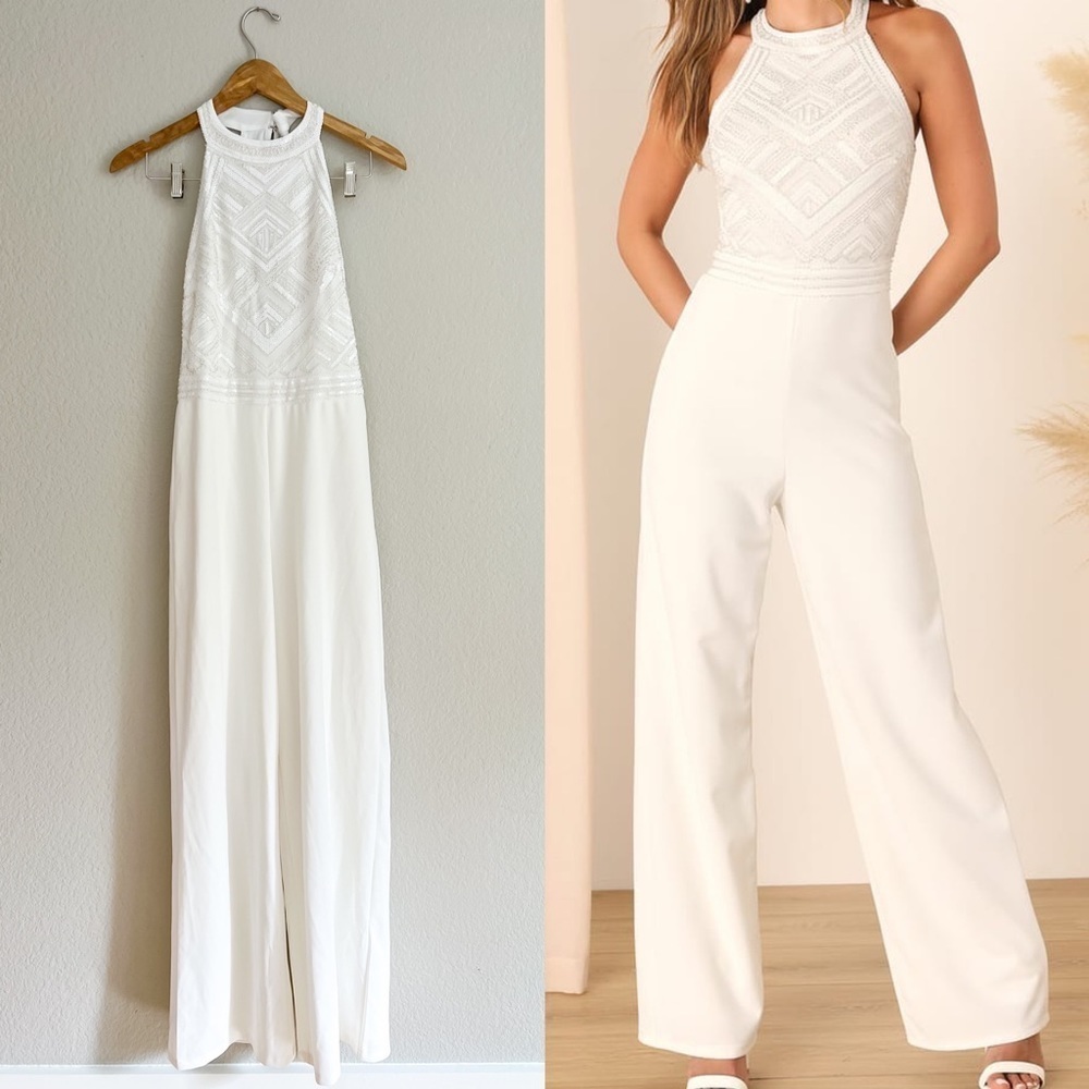 Lulu's White Halter Lace Bodice Wide-Leg Jumpsuit